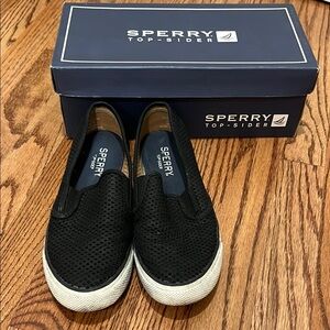 Sperry Black Perforated Slip-Ons with White Soles